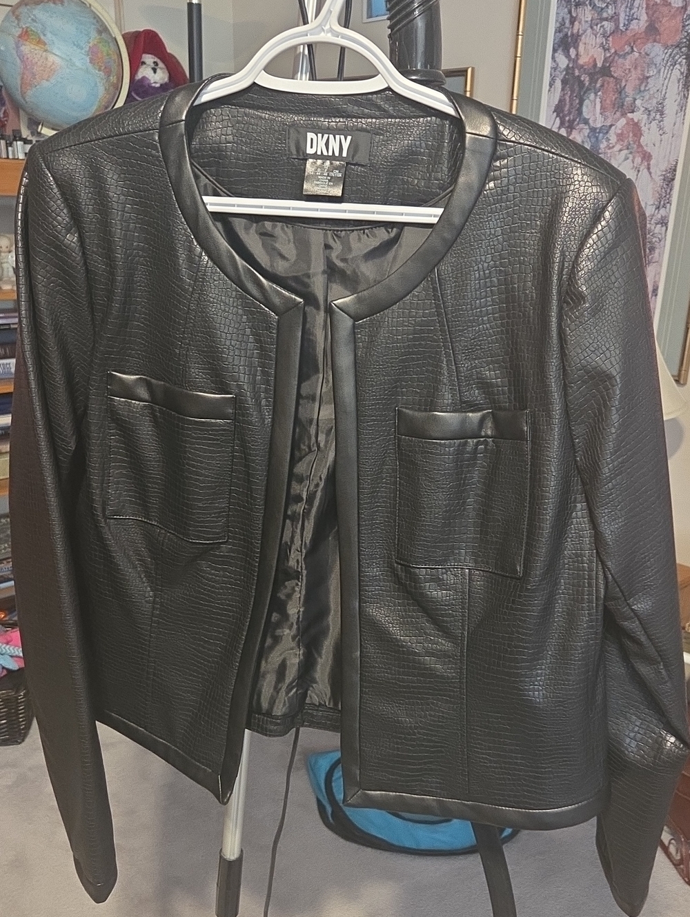 DKNY Black Textured Faux-Leather Open Front Blazer
